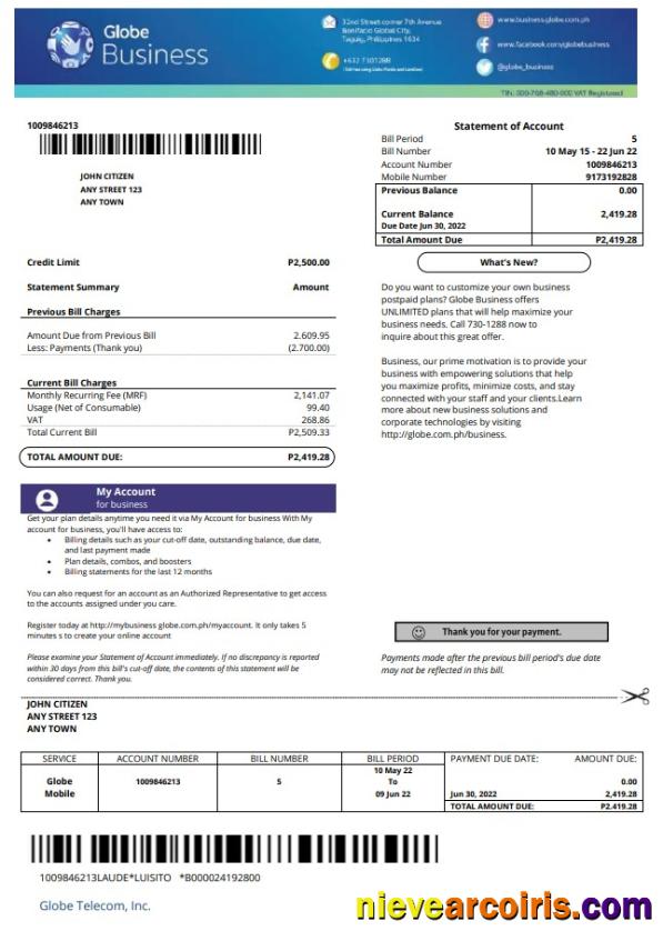 Philippines Globe Business utility bill